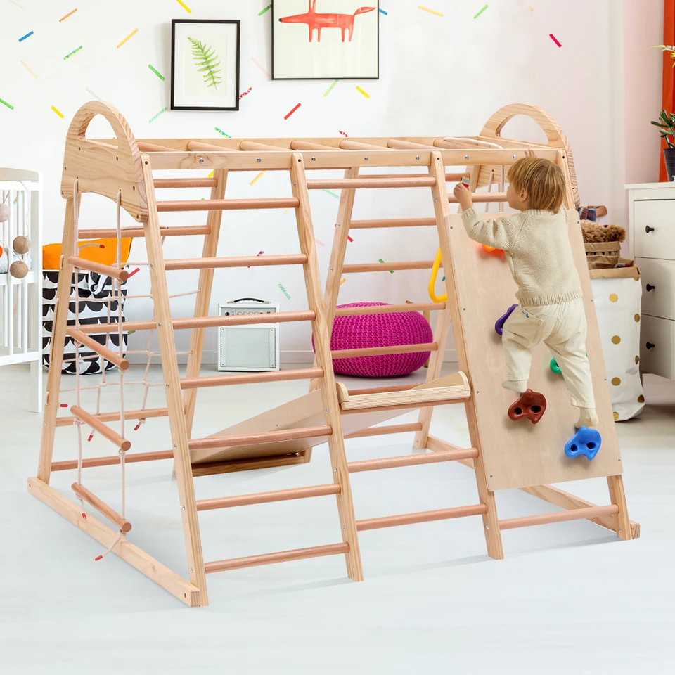 Estructura De Escalada Interior 5 En 1 Para Niños – Plegable Con Columpio, Tobogán, Escalera, Plataforma Y Molino, Madera Maciza, Soporta 80 Kg, Regalo Activo