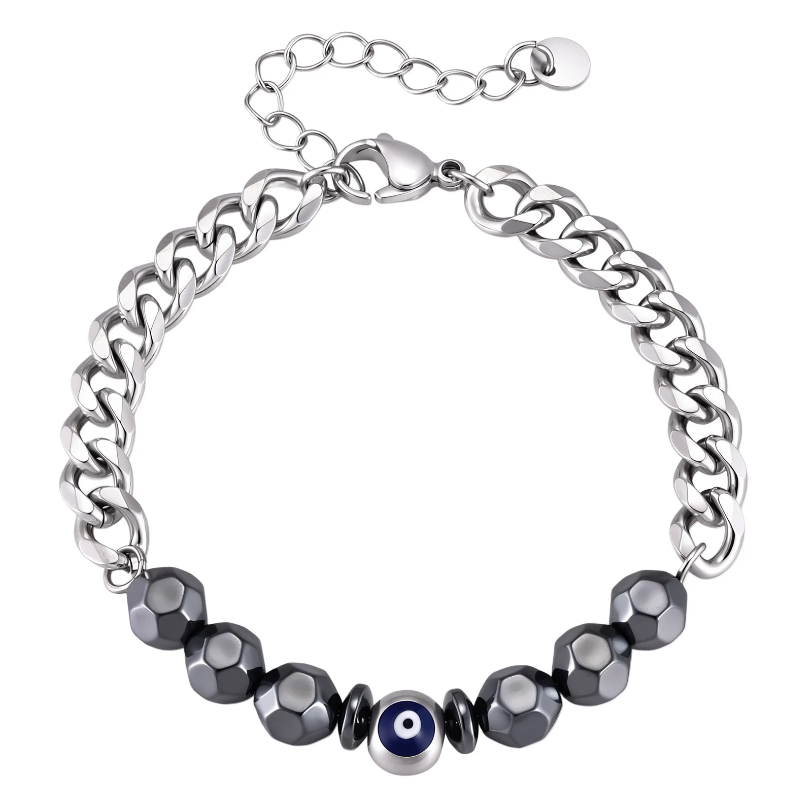 Evil Eye Healing Chain Bracelet for Men,Stainless Steel Protection Absorb Negative Natural Hematite Beaded Bracelet Jewelry