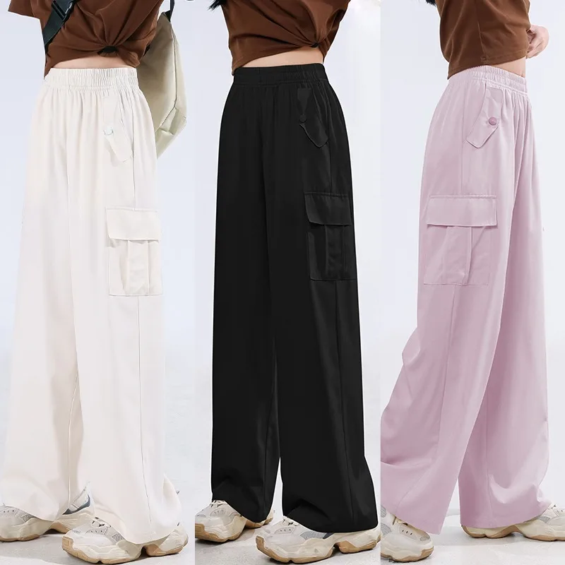 

Новая рабочая одежда из ледяного шелка, широкие спортивные штаны, детские штаны среднего и большого размера, брюки для девочек, летние тонкие стильные детские штаны