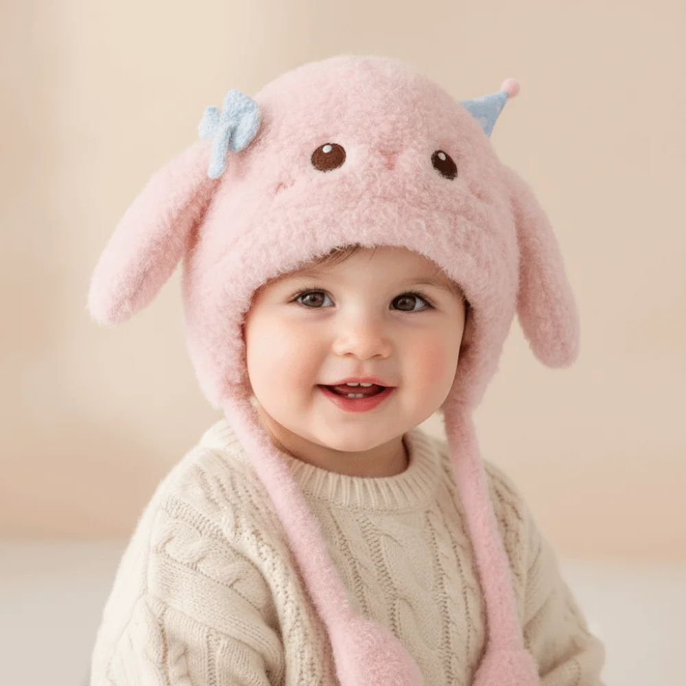 Infant Winter Skullies Fleece Toddler Earflap Hat Windproof Thermal Cartoon Fluffy Caps Long-eared Stretchy Beanie Newborns