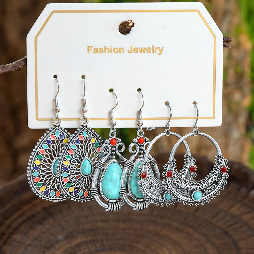 3 Pairs Boho Ethnic Style Turquoise Dangle Earrings Antique Silver Chic Geometric Jewelry Daily Wear Party Decors Gifts Unisex