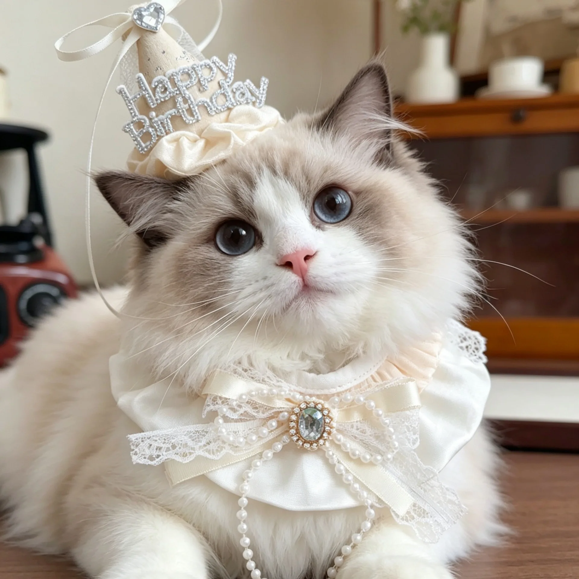 Niedliches Haustier-Geburtstagsoutfit-Set für Katzen & Kleine bis Mittelgroße Hunde, Strass-Prinzessinnen-Partyhut mit Glitzer-Halsband, Haustier-Geburtstagskostüm – Detail 1