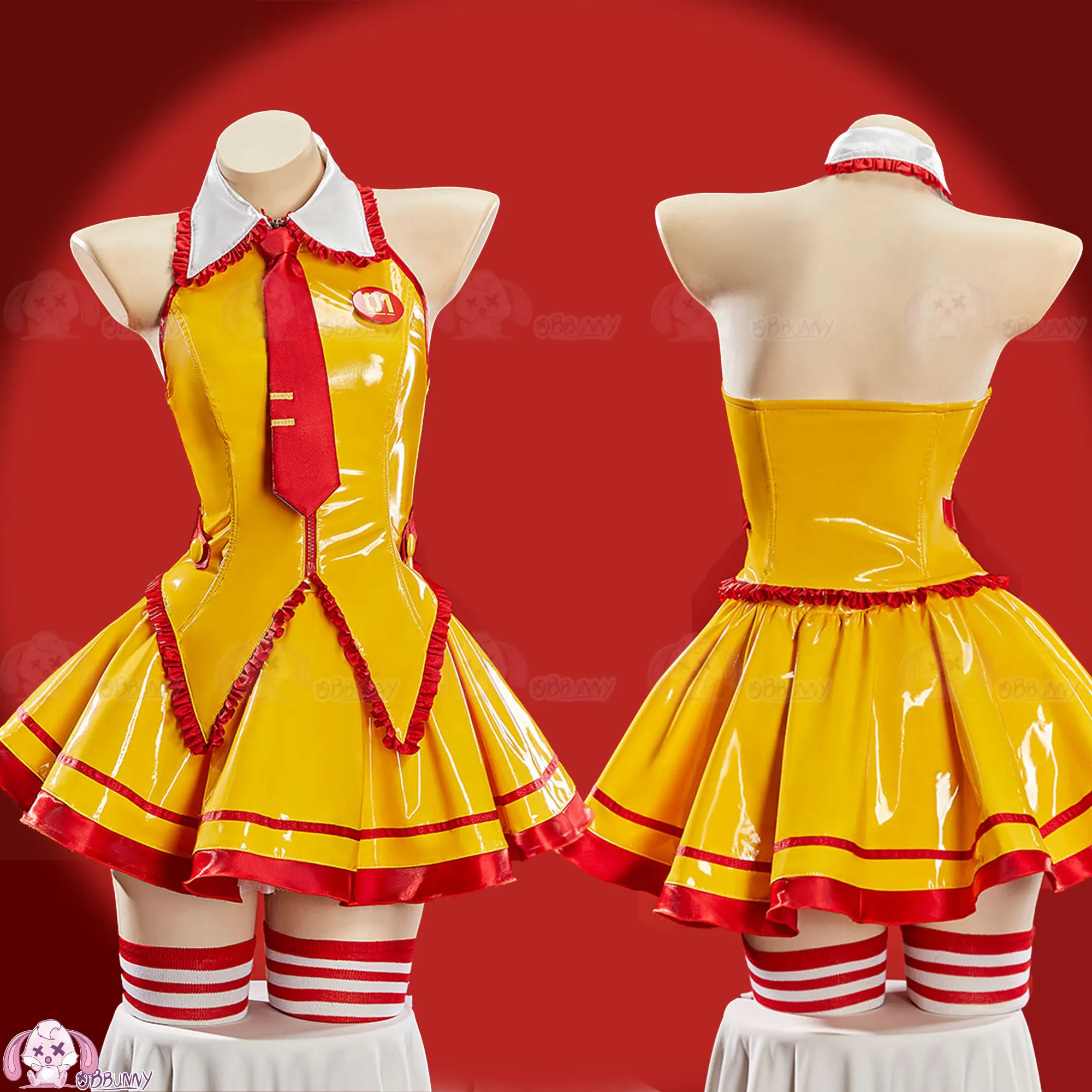 Miku Fanart Cosplay Costume PU Leather Dress Set Women Anime Outfit Yellow Red Dress Halloween Carnival Party Comic Con AniMuse