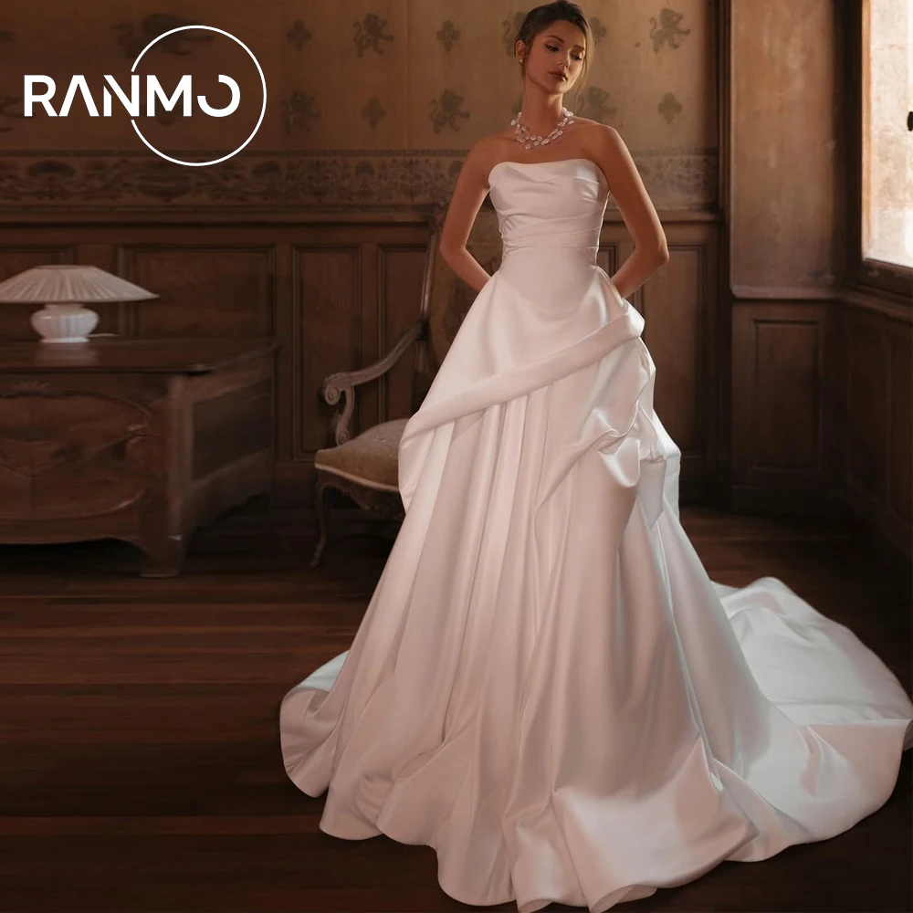 Ranmo personalizado novo branco plissado vestidos de casamento 2026 nova mancha elegante sem alças sem mangas a linha em camadas vestidos novias boda