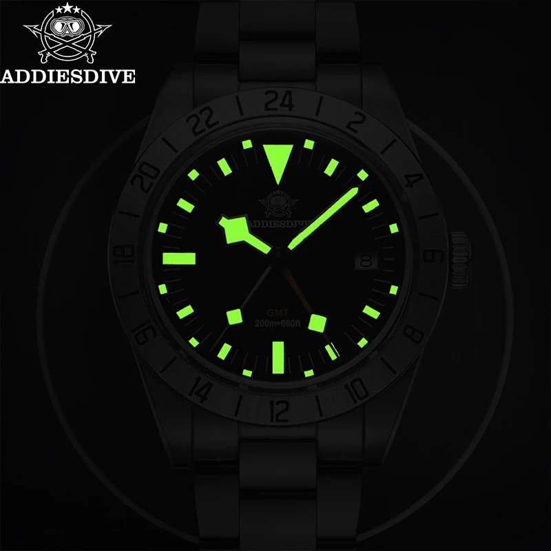 ADDIESDIVE 39mm GMT Watch for Men Swiss Quartz Movement 316L Stainless Steel Super Luminous Waterproof 20Bar Diving Wristwatch