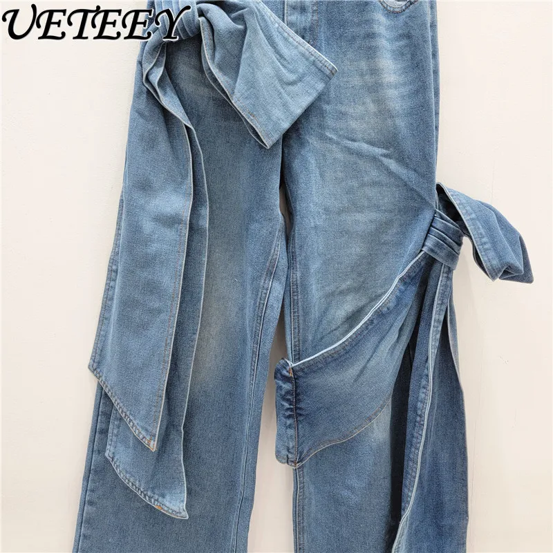 Retro Washed-out Bow Decorative Baggy Jeans Loose Cool Lace-up Natural Waist Straight-Leg Denim Pants Trousers for Women