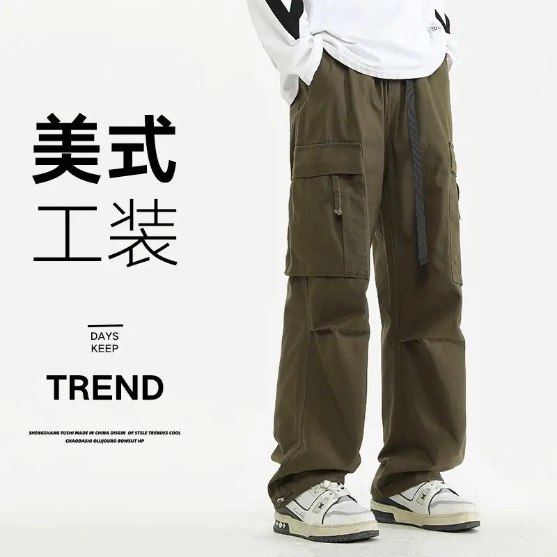 سراويل عمل من القطن الخالص للفصول الأربعة، سراويل High Street الأمريكية، سراويل رياضية وترفيهية فضفاضة متعددة الجيوب #2