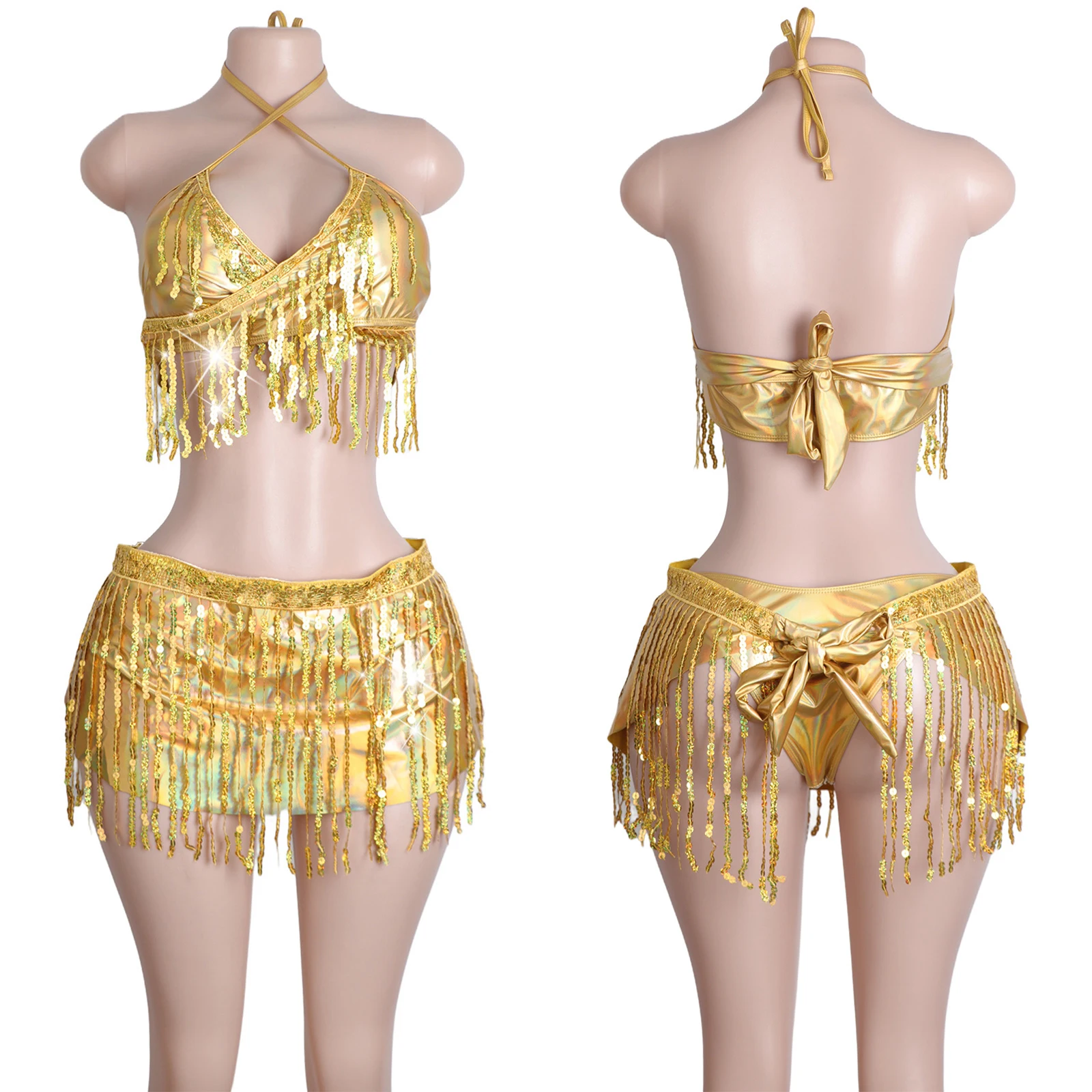 Sequined Golden Tassels Stripes Sexy Lingerie Set Performance Wear Erotic Clubwear Women Outfits Adjustable Straps Dancewear