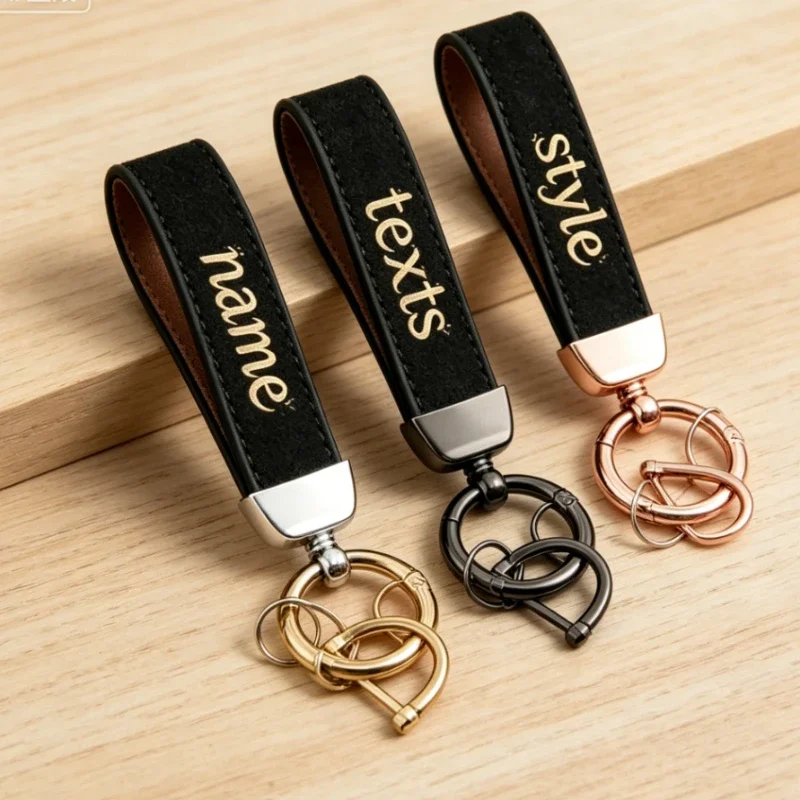 Crazy Horse Pu Leather Customized Logo Keychain for Him Metal  Car Key Chain Ring Laser Personalized Name Number Keyring for Her