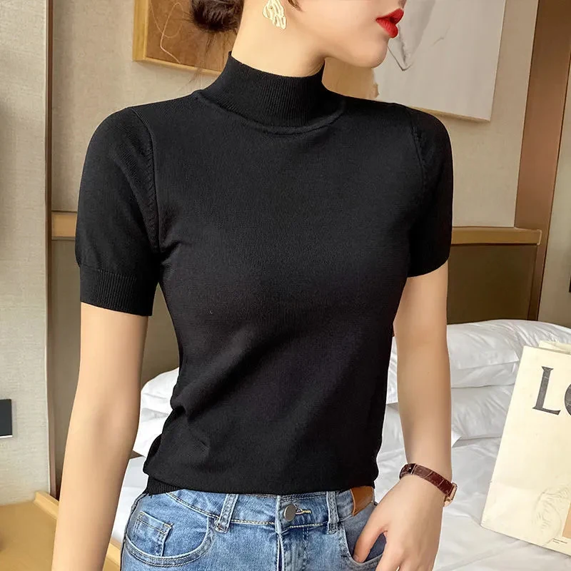 Solid Color Simple Half High Collar Short Sleeve Knitted Sweater Korean Loose Plus Size 3xl Pullover Sweater Women Basic Sweater