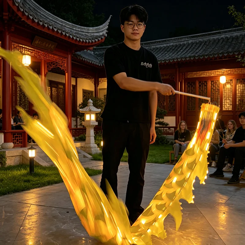 LED Chinese Dragon Dance Ribbon with Pole Luminous Dragon Poi Streamer without Dragon Head Outdoor Fitness Performance Props