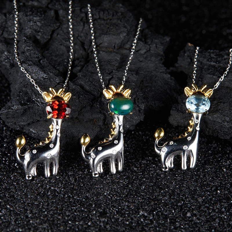 

Multicolor Gem Necklace for Women S925 Sterling Silver Inlaid with Natural Color Treasure Deer Design Collarbone O Shape Chain