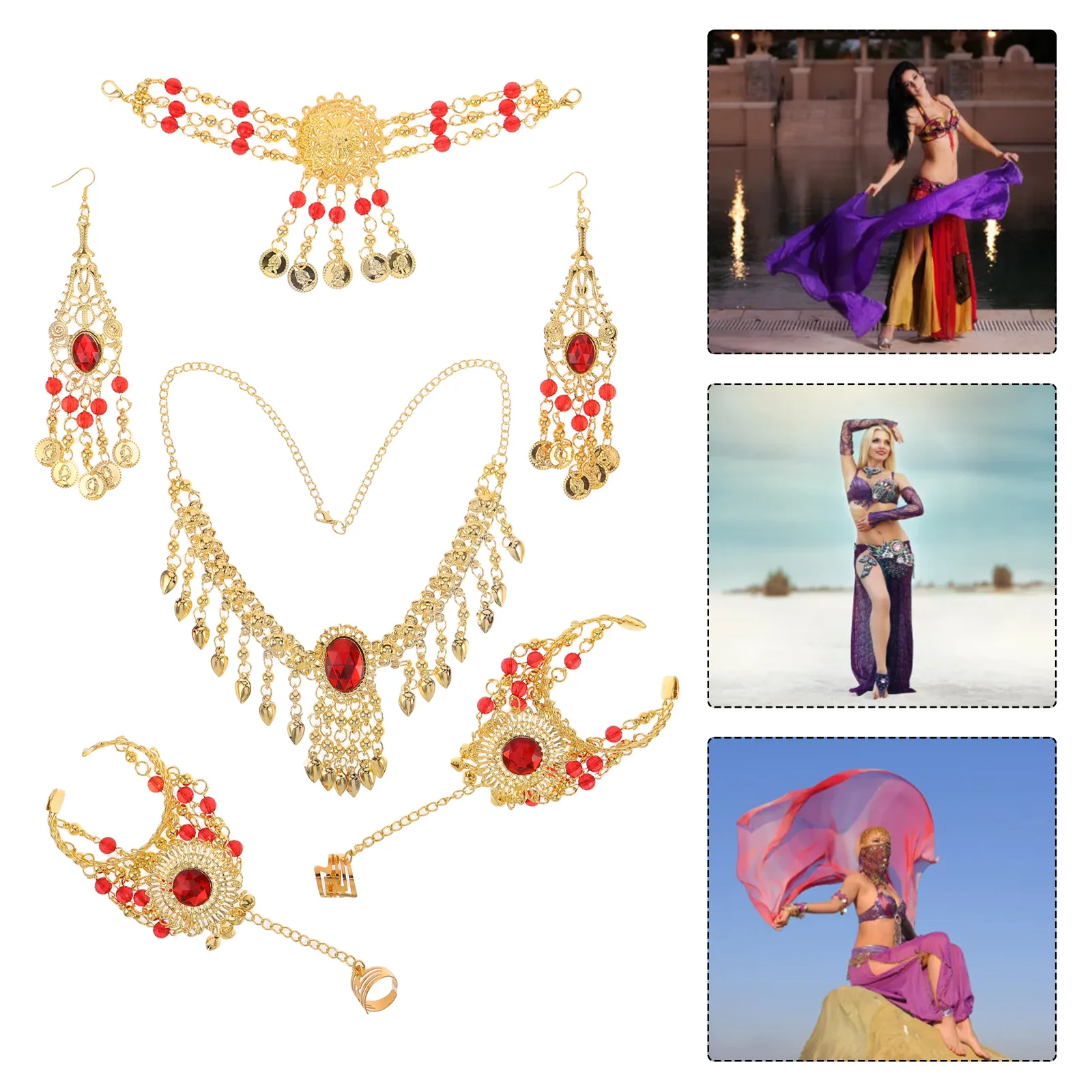 

1 Set Belly Dance Accessories Set Gold Tone Bohemian Coin Necklace Body Chain Bracelet Chandelier Earrings For Women Festival