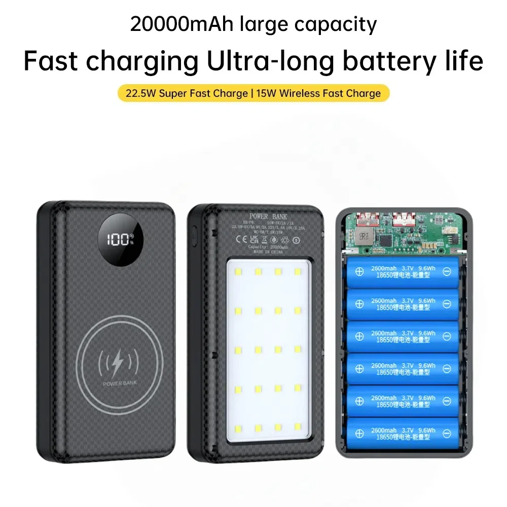 Detachable 22.5W+15W Fast Charging DIY 18650*6 Shell Power Bank Case With LED Battery Charge Storage Box Without Battery - Image 5