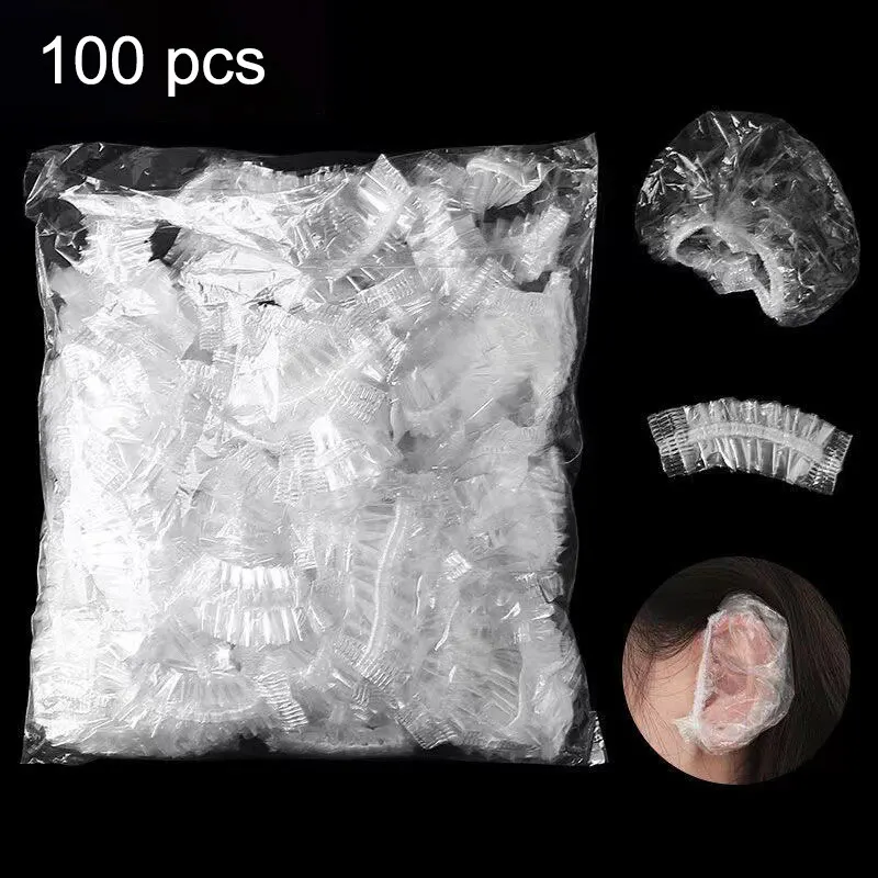 100PCS Disposable Hair Earmuff Dye Transparent Elastic Shower Hair Dye Protection Tool Shield Waterproof Earpack Plastic Wrap