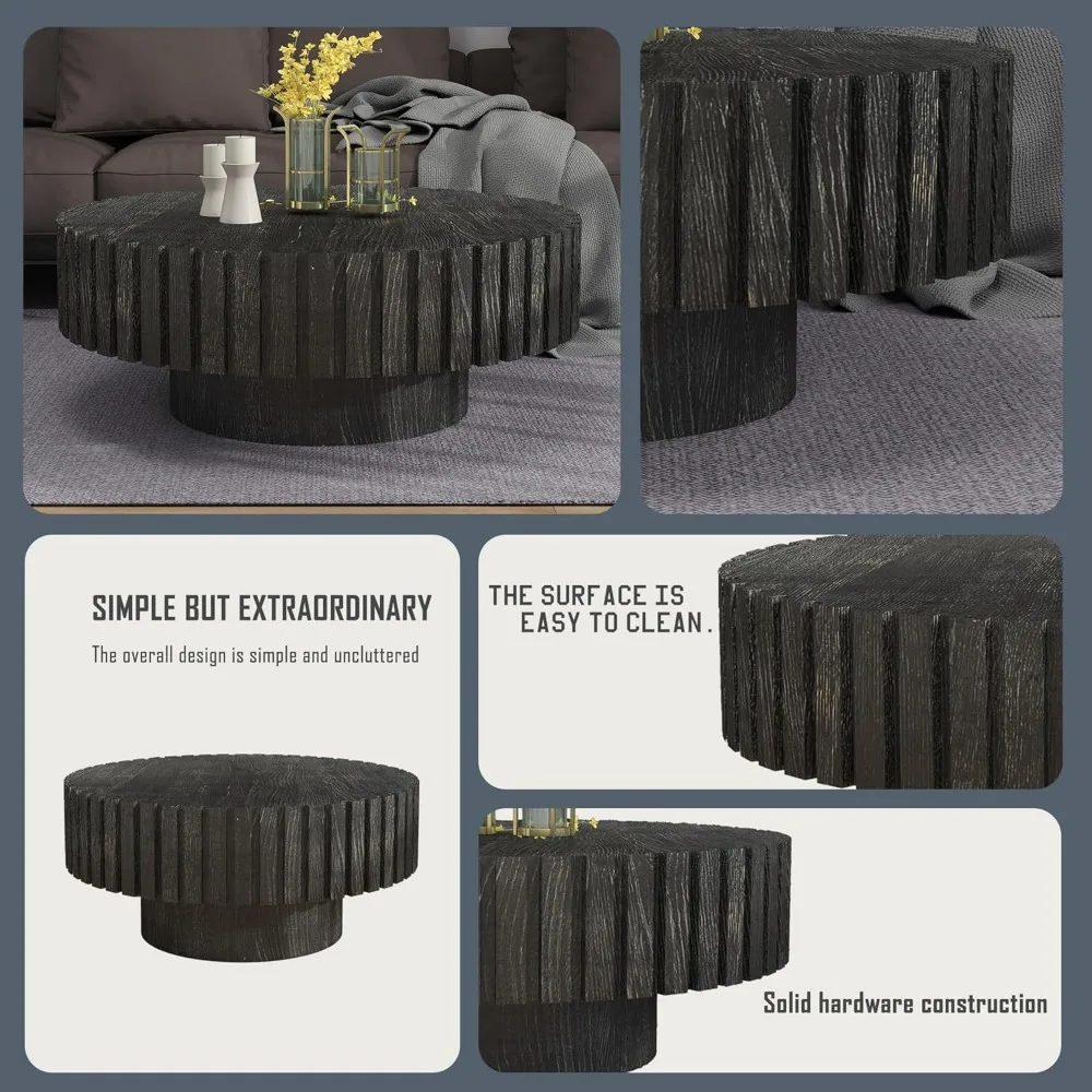 طاولة قهوة حديثة مخددة ريفية - طاولة مركزية بقاعدة خشبية مستديرة لغرفة المعيشة، مثالية للشقق والمعاصرة