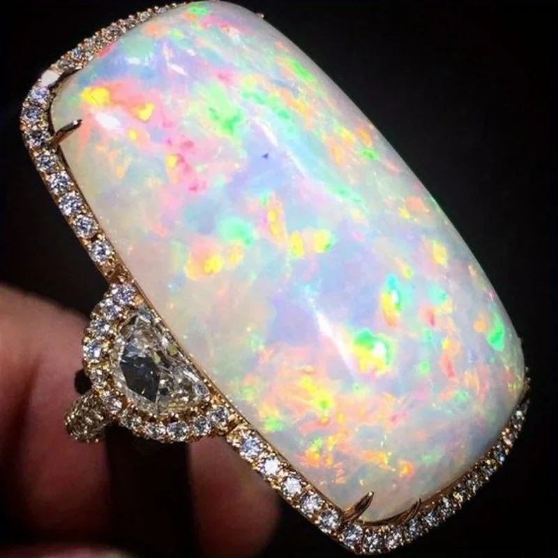 Modischer großer elliptischer Feueropal-Ring, eleganter weißer Opalstein, Hochzeits- und Verlobungsringe, trendiger Schmuck für Frauen