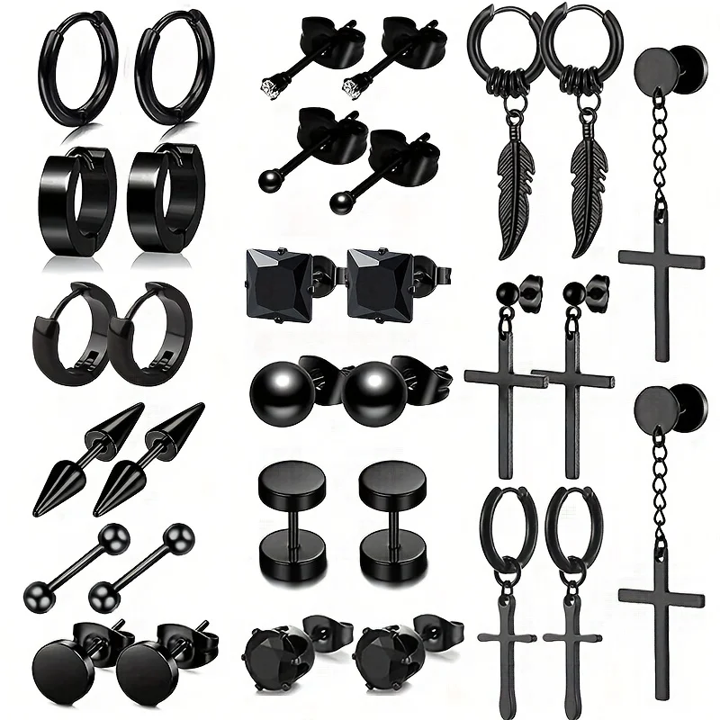 16 par/set de pendientes para hombre, pendientes negros de acero inoxidable a la moda, pendientes de aro perforados, joyería para hombres y mujeres
