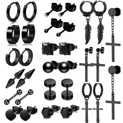 16 Pairs/ Set Men's Earrings FashionableStainless Steel Black Earrings Pierced Hoop Earrings Jewelry For Men And Women