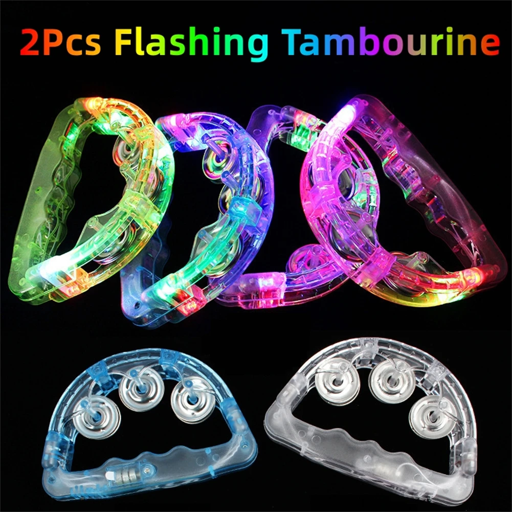 Handheld Light Up Tambourine Percussion LED Flashing Rattle Bell KTV Party Events Kids Sensory Musical Instrument 2 Random Color