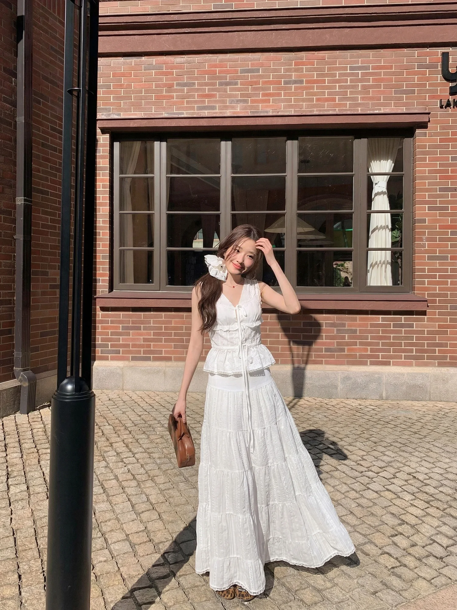 

77space White V-neck Lace Trim Halter Vest Skirt Two-piece Set Women Summer Casual Style Regular Length No-sleeve Bodycon