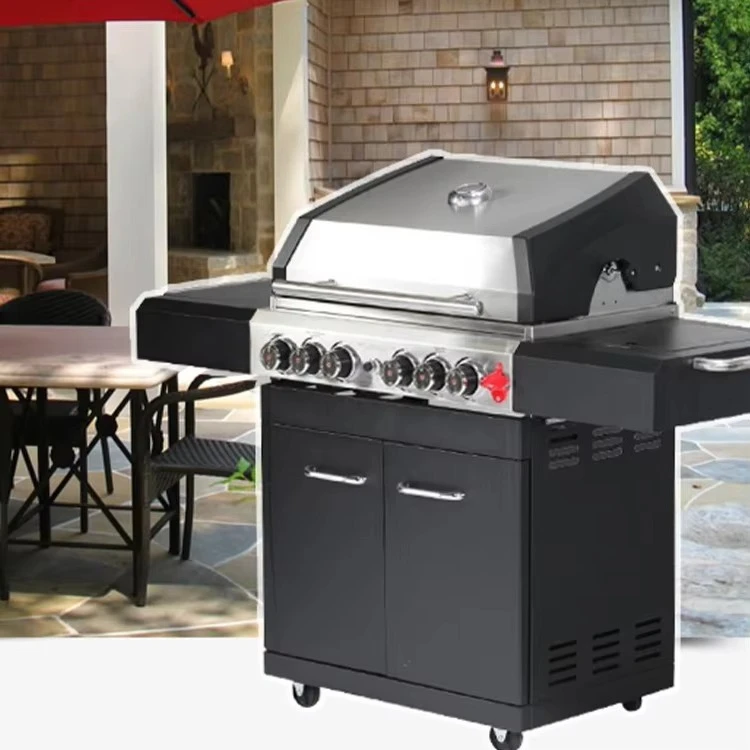 Hot Sale Premium Professional Black Powder Coated Natural Gas Grill with Trolley Outdoor Barbecue
