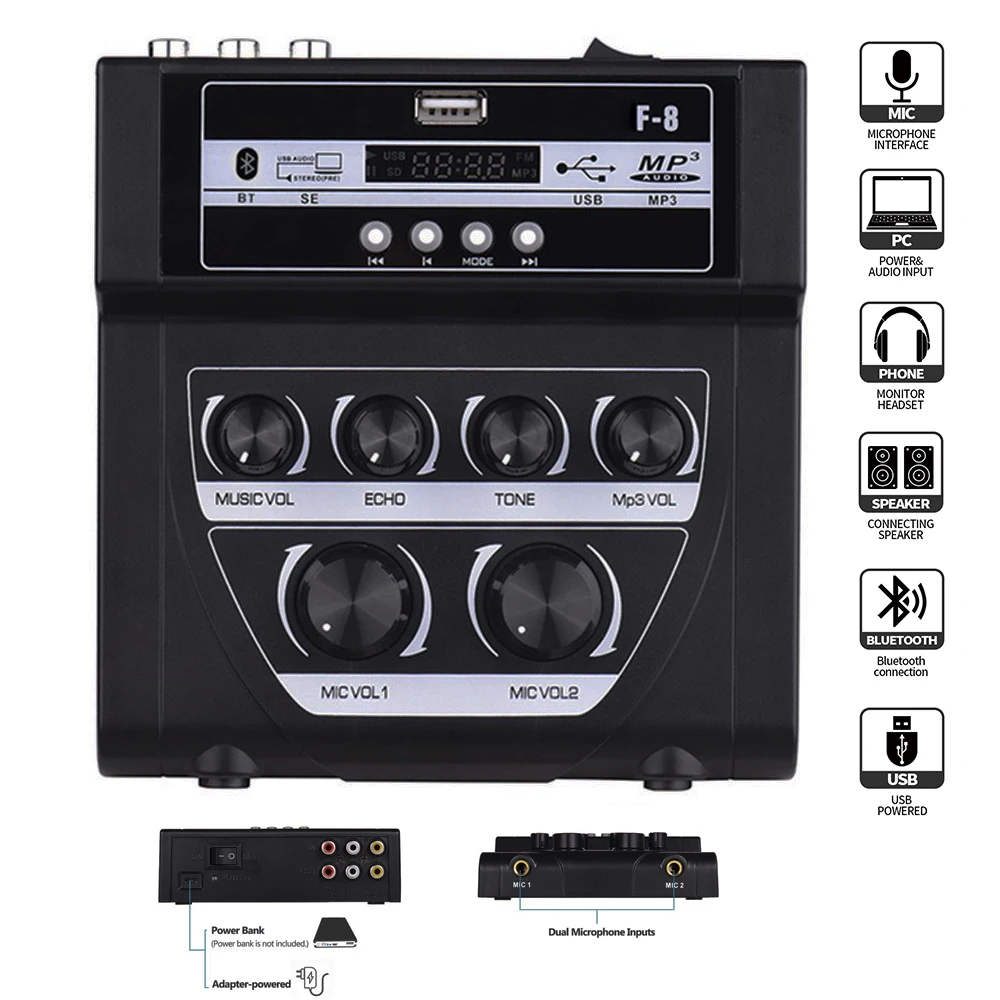 Mini Karaoke Sound Audio Mixer Stereo Echo Mixers Dual Microphone Inputs Support BT Recording MP3 Function MF-8