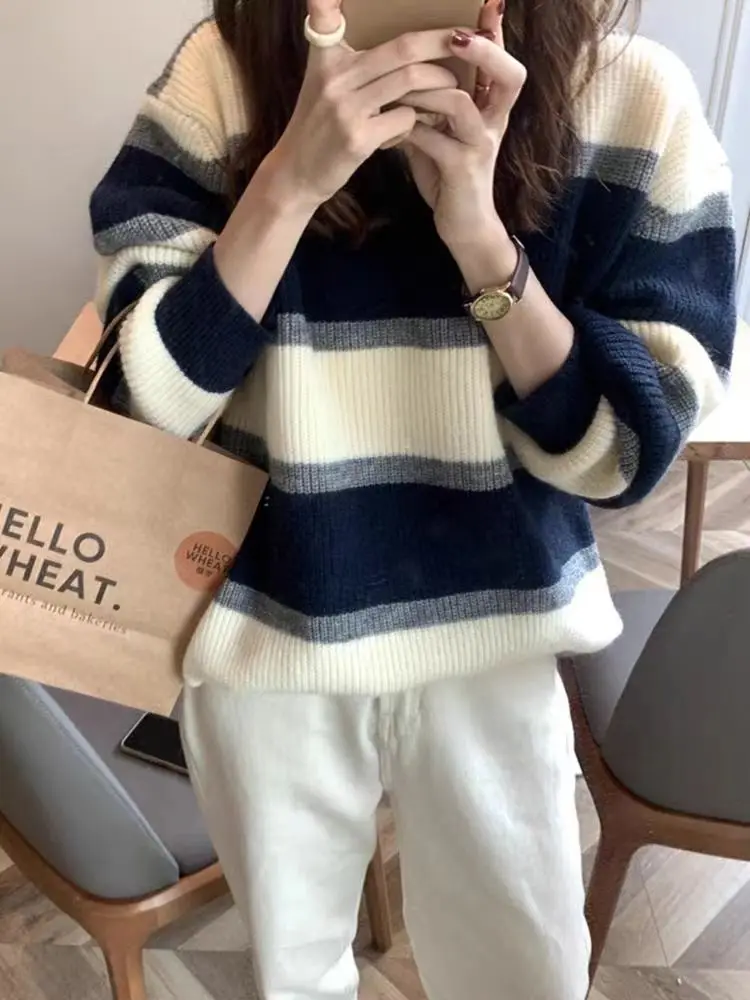 Forest Sweater Women's Lazy Style New Autumn and Winter Knitted Bottoming Shirt Retro Color Matching Korean Version Slim Top