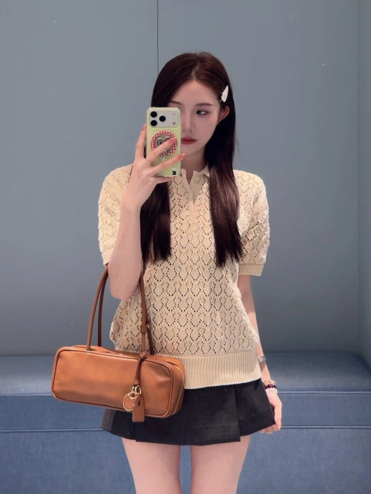 

Unique Chic Knitted Short Sleeve Women's Top Hollow out Collar Summer Korean Style Small Shirt Breathable Polyester Fiber
