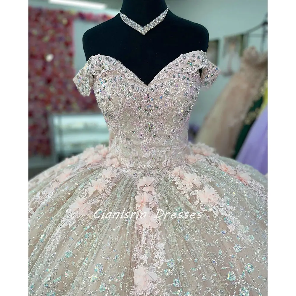 Champagne Off The Shoulder Diamonds Beading Quinceanera Dress Ball Gown 3D Flowers Appliques Lace Corset Vestidos De XV Años