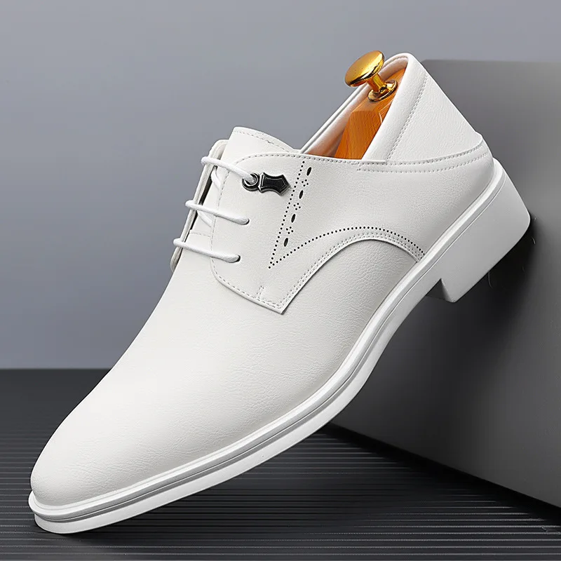 Quality Shoes Men Leather Original New Mens Dress Shoes British Business Fashion Black White Pointed Youth Leather Shoes for Men