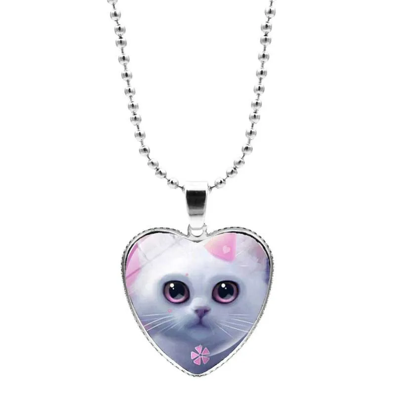 Hot Fashion Accessories Heart Shaped Glass Pendant Alloy Necklace Cute Big Eyed Cat