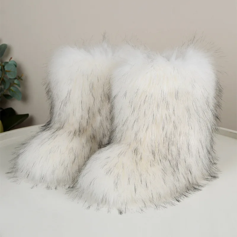 Flat Mid-calf Boots For Spice Girls Faux Fur Long Plush Shoes Y2K Street Style Winter Warm Fashion Party Dress Slip-on Casual