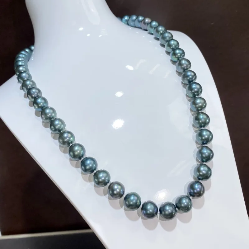 Classic Natural Black Blue 12-15mm Sea Pearl Necklace Less Flaw Genuine Fine Jewelry Gift for Women Girls 925 Sterling Silver