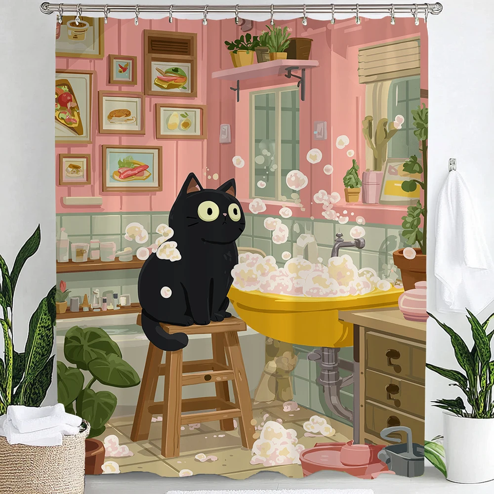Fun Leopard Shower Curtain,Cat, Dog and Animals Bathing in Nordic Plant Bathtub Bathroom Decorative Shower Curtain with Hooks view 2