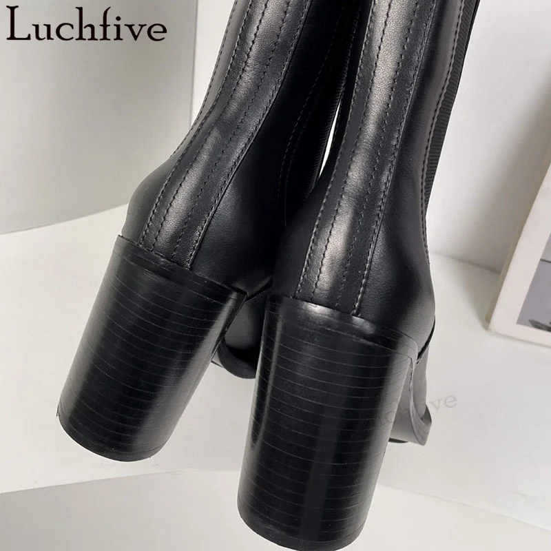 Black Genuine Leather Knee High Flat Boots Women Metal Pointy toe Elastic Slip on Punk Boots Luxury Fashion Week Ankle Boots