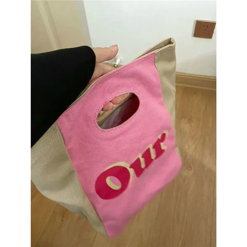 Cute Playful Top-Handle Bags for Women Lunch Bag Office Lady Fashion All-match Mixed Colors Fashion Canvas Korean Version