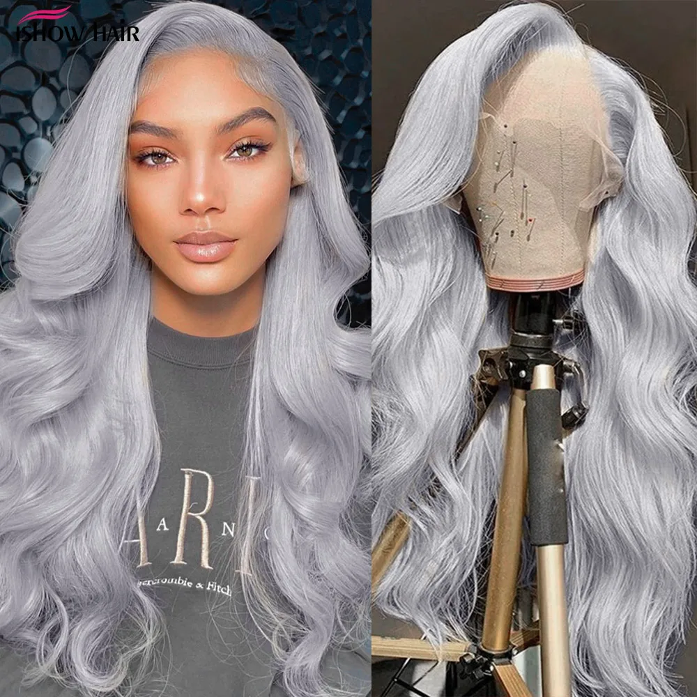 Ishow Gray Lace Front Wig Human Hair 13x4 Body Wave Lace Front Wig Brazilian Colored 4x4 Lace Closure Human hair Wigs For Women