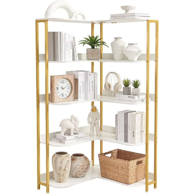 Gold L-Shaped Bookshelf, k with Metal Frame Corner l Shelf White for Home Office Bedroom Living Room Kitchen