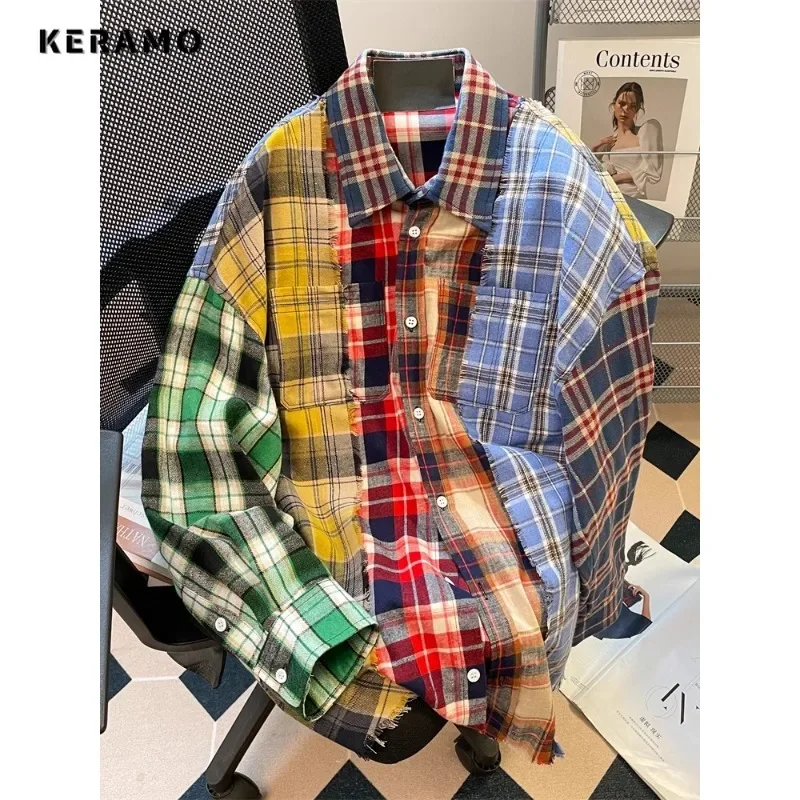 Retro Plaid Patchwork Turn-down Collar Loose Blouses 2025 Spring Women's Casual High Street Long Sleeve Baggy Shirts Top