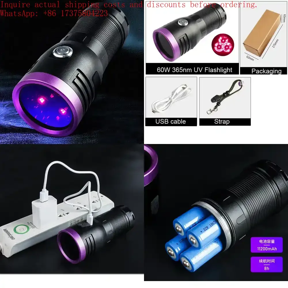 60W UV Flashlight 365nm Ultraviolet for Curing UV Glue Pet Urine Stains Bed Bug Scorpions Detector Torch Lamp