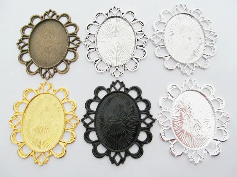 50pcs 6 Colors Oval Base Setting Tray Bezel Pendant Charm/Finding,Flower Border,Fit 30mmx40mm Cabochon/Cameo,DIY Accessory