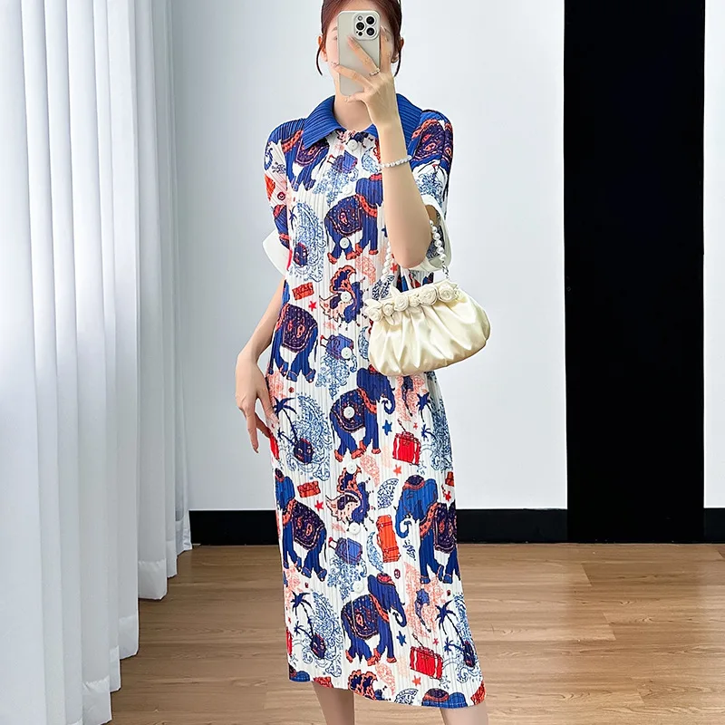 

Casual Fashion High-waisted Pleated Print Single-breasted Thin Temperament Dress Miyake Summer New Comfortable Women's Skirt