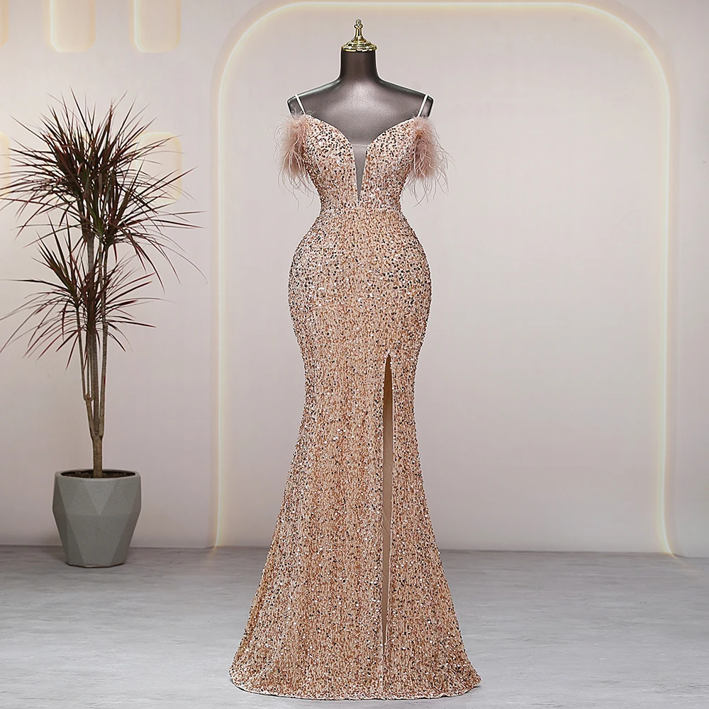 Sexy V-neck gold Evening dresses prom dress luxury evening dresses wedding party dresses formal occasion dresses Bride dresses