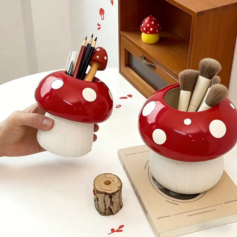 Resin Mushroom Flower Pot for Succulents, Red and White Polka Dot Hydroponic Dried Flower Insert, Multi-functional Indoor Decora
