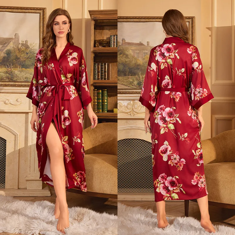 

New Sleepwear Women's Spring and Summer Shadow Seal Danhong Satin Luxurious Lace Up Morning Gown Bathrobe