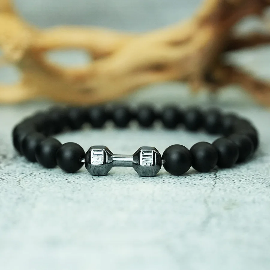 Einzigartige Hantel 8mm Stein Armband Männer Grade A Obsidian Onyx Heilung Hämatit Strang Armband Fitness Sport Hombre Zubehör