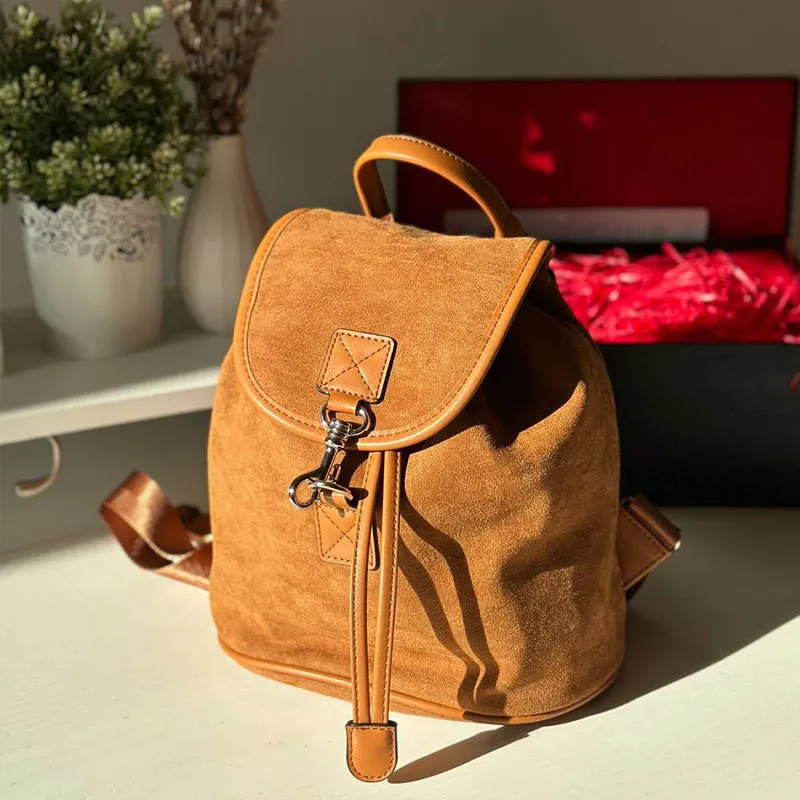 BEAUTODAY Brown Bags Women Genuine Suede Solid Color Metal Buckle Retro Style Trend 2023 Versatile Ladies Backpacks 63009