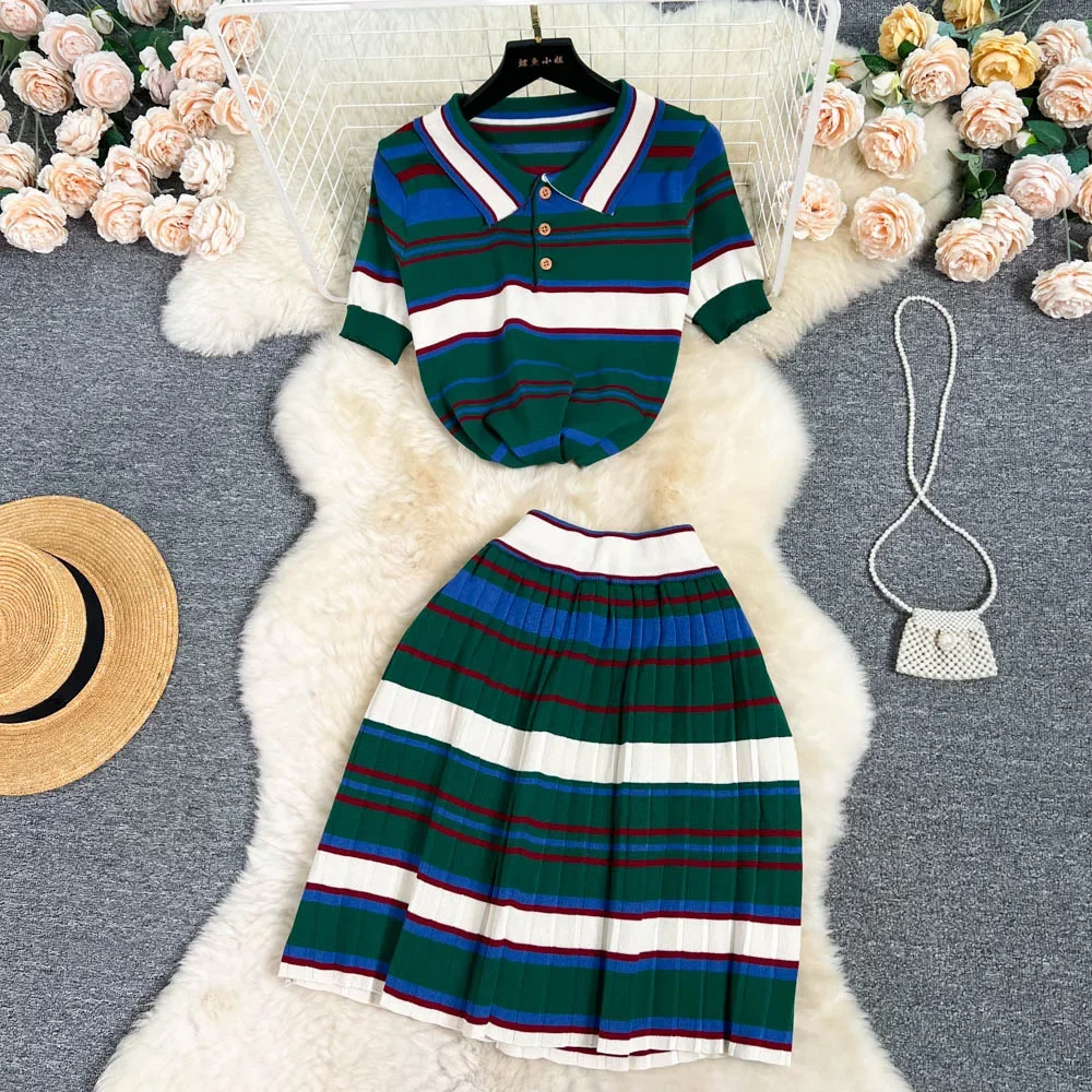 

Polo Neckline Striped Knitted Shirt Top and Half Skirt for Women, Sweet Cool Academy Set, Summer Fashion, 2 Piece Set