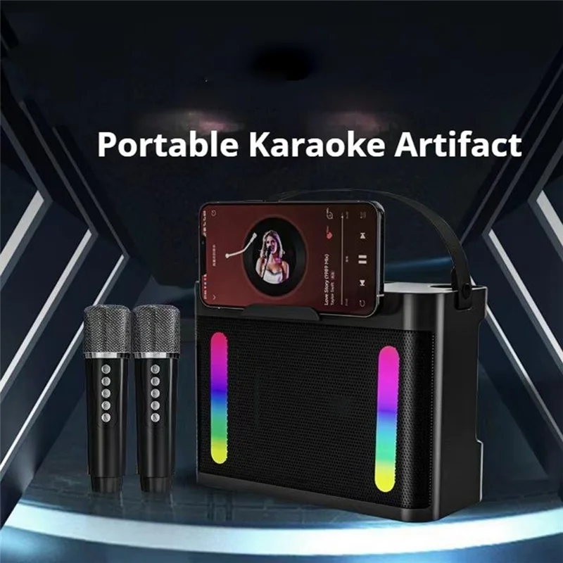 

ABGI-красочный светильник, портативный беспроводной Bluetooth сабвуфер, динамик, караоке-машина с 2 микрофонами, стерео для семейной вечеринки